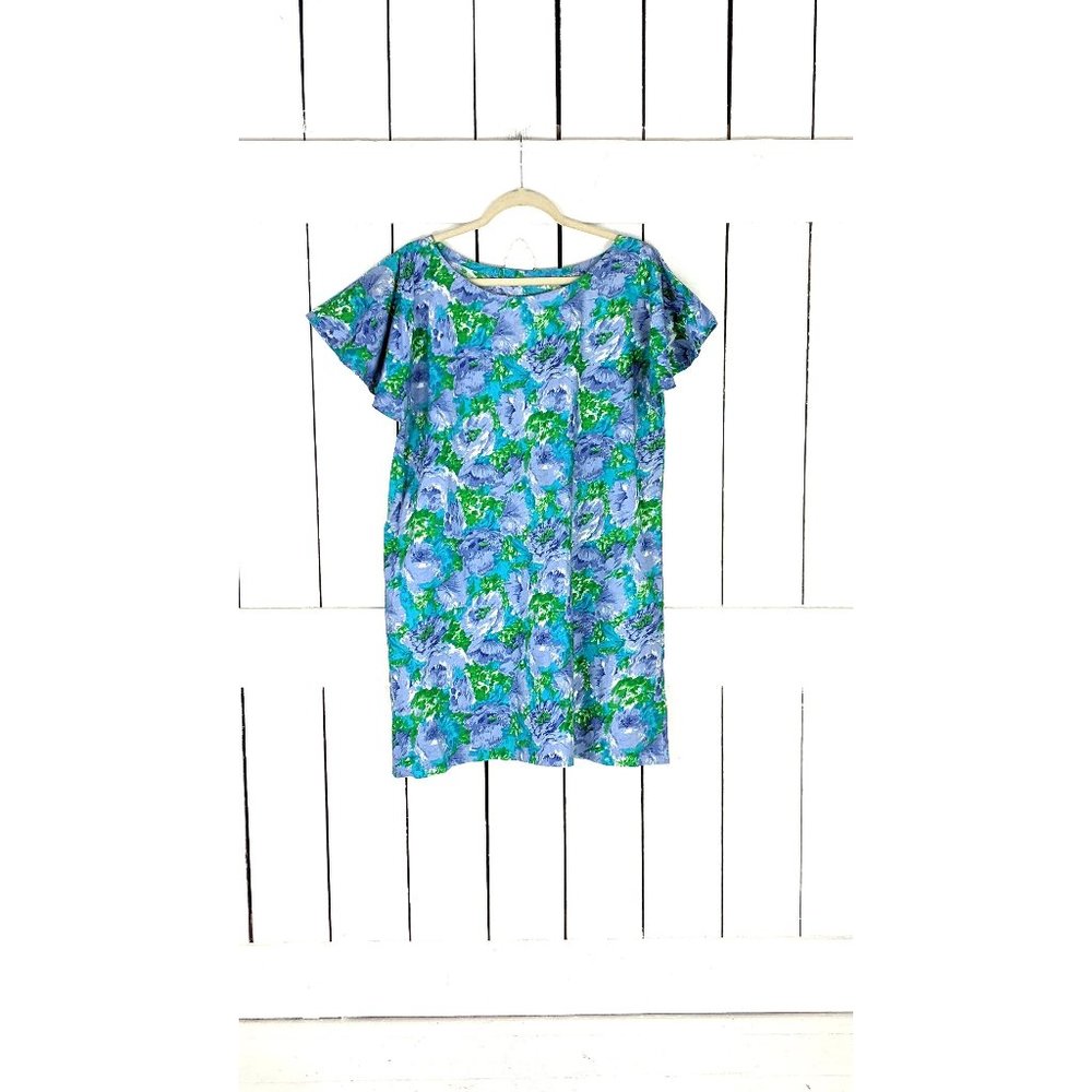 Vintage blue purple floral flutter sleeve cotton cover up sun dress